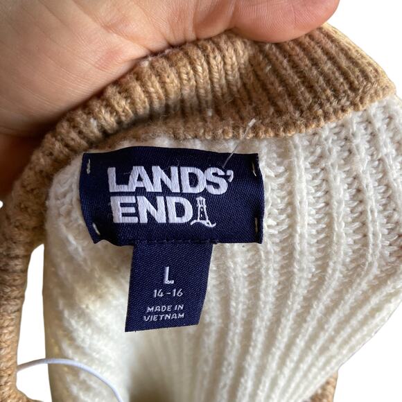 Lands End White Beige Colorblock Cable Knit Oversize Fisherman Sweater Sz Large - Picture 6 of 16
